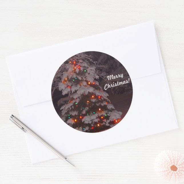 Sticker Rond Joyeux Noël Joyeux feux d'arbre de Noël (Enveloppe)
