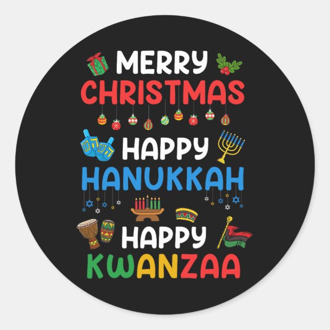 Sticker Rond Joyeux Noël Joyeux Hanoukka Happy Kwanzaa Holids (Devant)