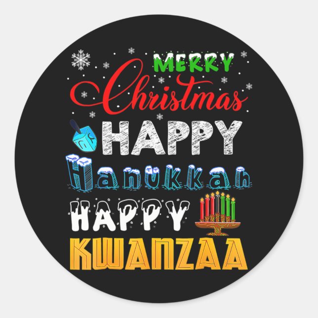 Sticker Rond Joyeux Noël Joyeux Hanoukka Joyeux Kwanzaa (Devant)