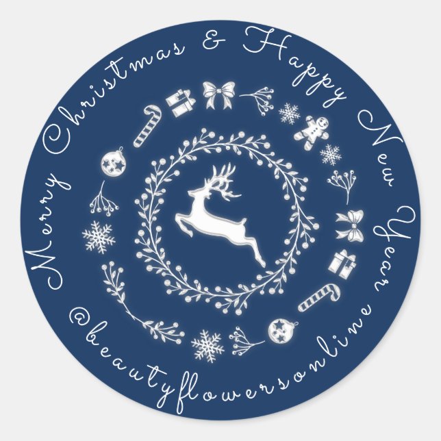 Sticker Rond Joyeux Noël Joyeux Nouvel An Reindeer Blue Navy (Devant)