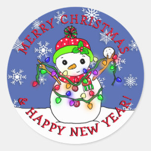 Sticker Rond Joyeux Noël Joyeux Nouvel An Snowman
