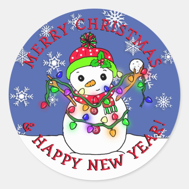 Sticker Rond Joyeux Noël Joyeux Nouvel An Snowman (Devant)
