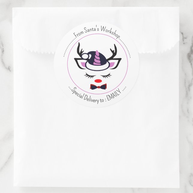 Sticker Rond Joyeux Noël. Joyeux visage de licorne (Sac)