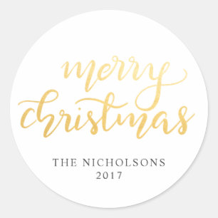 Sticker Rond Joyeux Noël manuscrit Faux Gold Foil Holiday