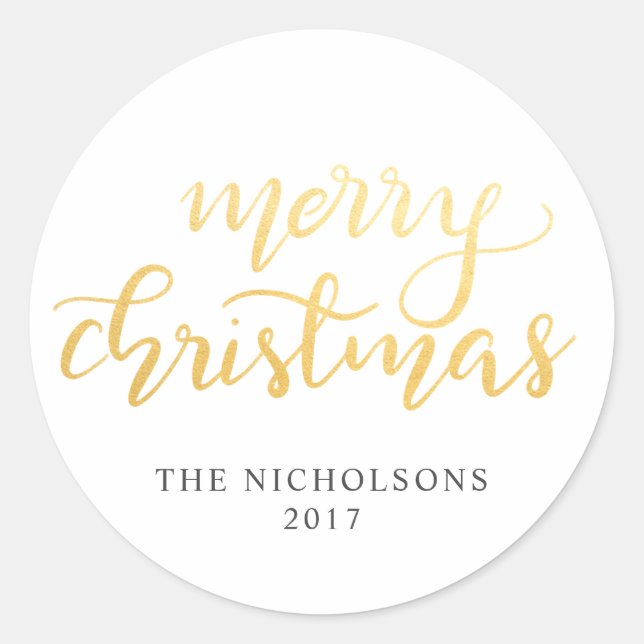 Sticker Rond Joyeux Noël manuscrit Faux Gold Foil Holiday (Devant)