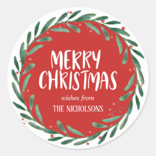Sticker Rond Joyeux Noël manuscrit   Wreath   Rouge