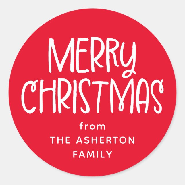Sticker Rond Joyeux Noël mignon amusant nom de famille rouge (Devant)