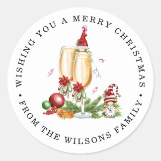 Sticker Rond joyeux noël mignon gnomes et champagne