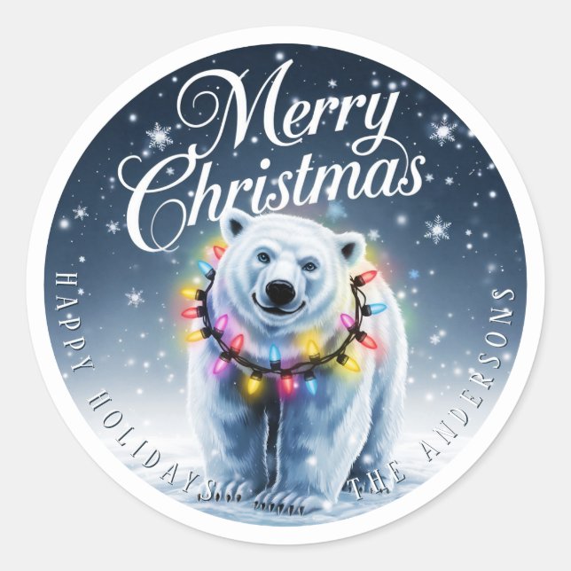 Sticker Rond Joyeux Noël mignon Ours Polaire & Classes Personna (Devant)