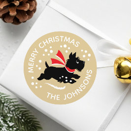 Sticker Rond Joyeux Noël mignon Scottie Nom chien Or