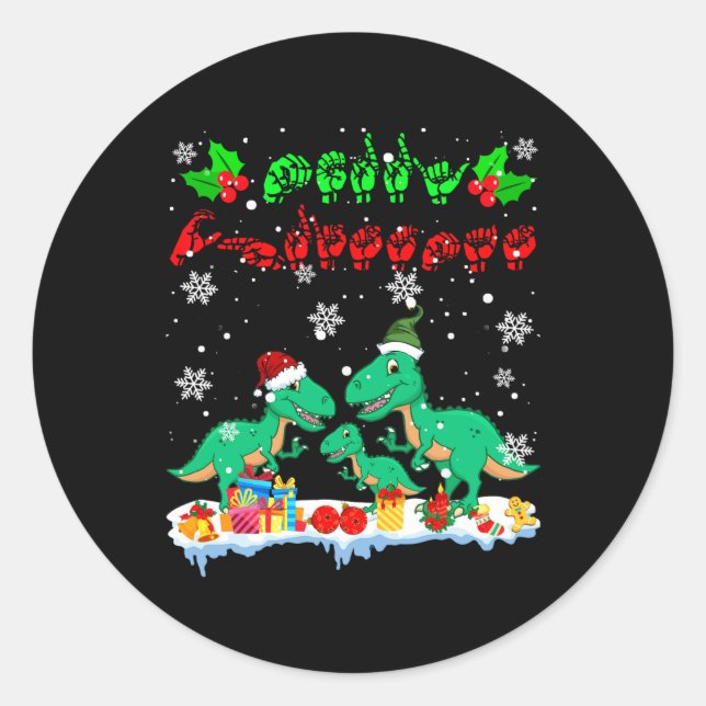 Sticker Rond Joyeux Noël mignon Xmas T-rex Asl Langue des Signe (Devant)