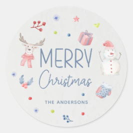 Sticker Rond Joyeux Noël Mignonne Aquarelle Vacances