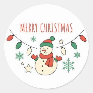Sticker Rond Joyeux Noël, Mignonne bonhomme de neige, lumières 