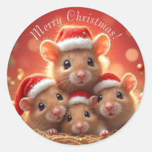 Sticker Rond Joyeux Noël - Mignons souris en chapeaux de Santa