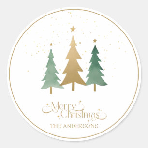 Sticker Rond Joyeux Noël Minimaliste Pine Arbres Blanc
