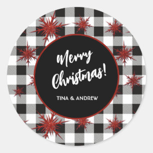 Sticker Rond Joyeux Noël noir blanc Buffalo Check