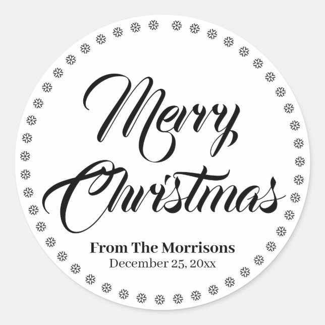 Sticker Rond Joyeux Noël noir blanc élégant script personnalisé (Devant)