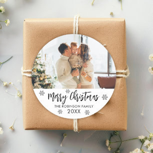 Sticker Rond Joyeux Noël Noir Blanc Flambeau de neige Photo de 