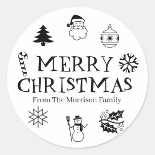 Sticker Rond Joyeux Noël noir blanc nom personnalisé mignon fav