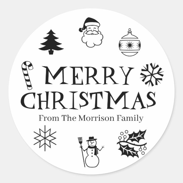 Sticker Rond Joyeux Noël noir blanc nom personnalisé mignon fav (Devant)