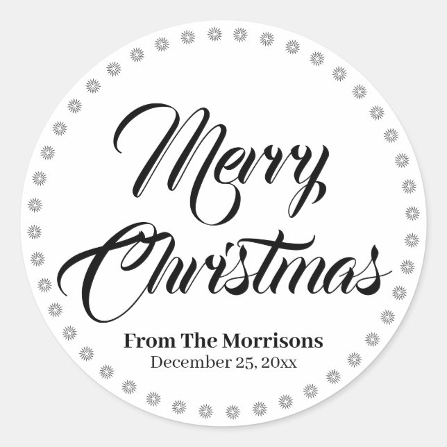 Sticker Rond Joyeux Noël noir blanc script personnalisé mignon (Devant)