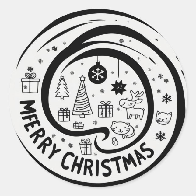 Sticker Rond Joyeux noël noir et blanc (Devant)