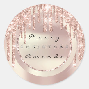 Sticker Rond Joyeux Noël Nom Cuivre Rose Paillettes