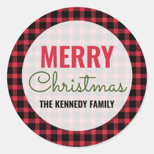 Sticker Rond Joyeux Noël Nom de famille Red Buffalo Plaid