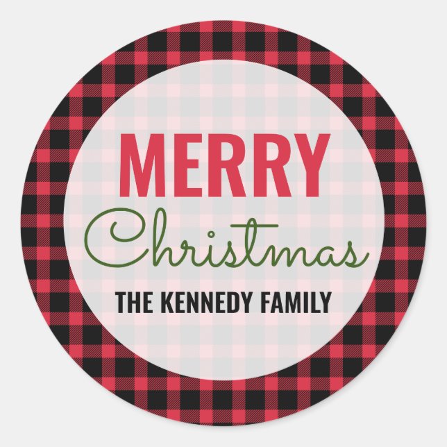 Sticker Rond Joyeux Noël Nom de famille Red Buffalo Plaid (Devant)