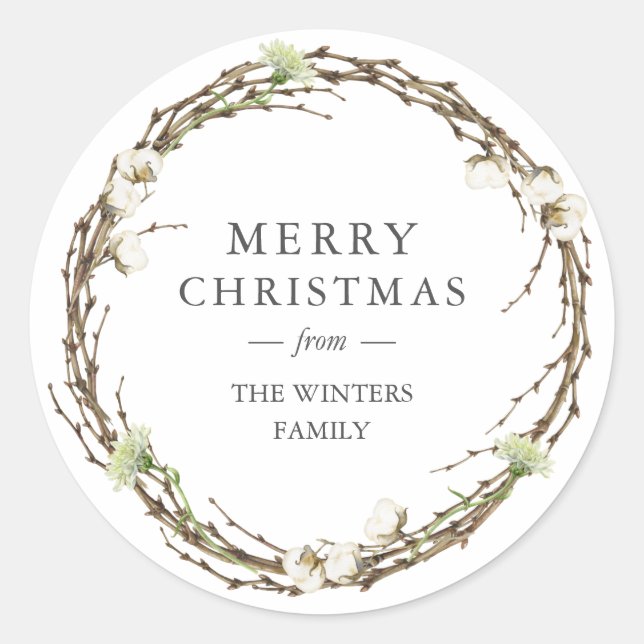 Sticker Rond Joyeux Noël Nom de famille Winter Greenery (Devant)