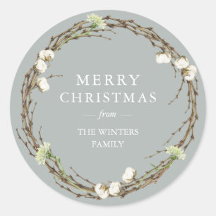 Sticker Rond Joyeux Noël Nom de famille Winter Greenery