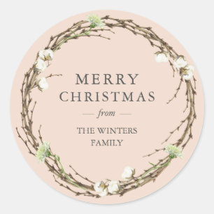 Sticker Rond Joyeux Noël Nom de famille Winter Greenery
