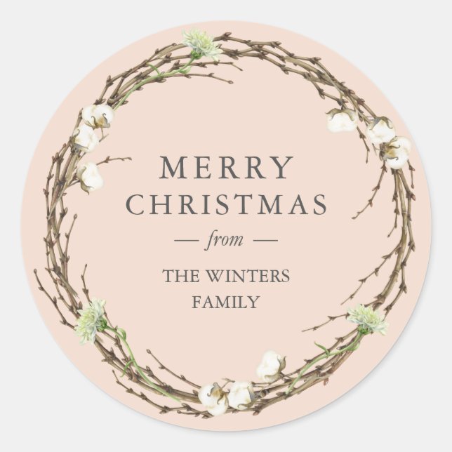 Sticker Rond Joyeux Noël Nom de famille Winter Greenery (Devant)