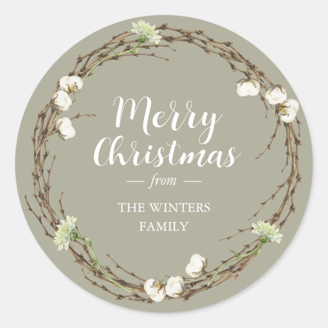 Sticker Rond Joyeux Noël Nom de famille Winter Greenery (Devant)