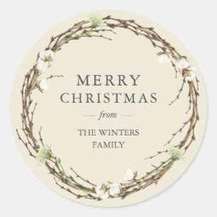 Sticker Rond Joyeux Noël Nom de famille Winter Greenery