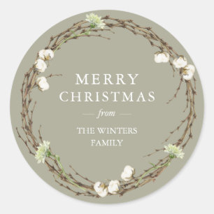Sticker Rond Joyeux Noël Nom de famille Winter Greenery