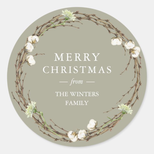 Sticker Rond Joyeux Noël Nom de famille Winter Greenery (Devant)