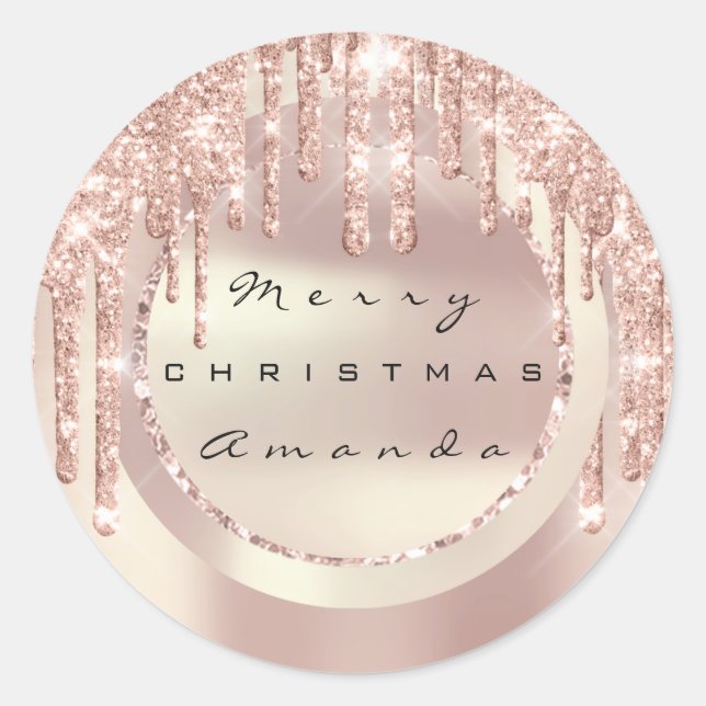 Sticker Rond Joyeux Noël Nom de Fête Cuivre Rose Paillettes (Devant)