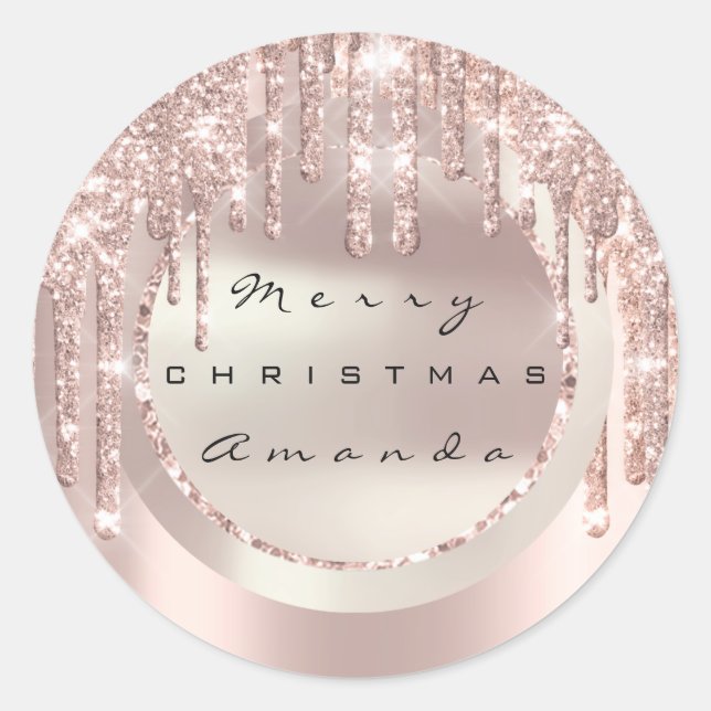 Sticker Rond Joyeux Noël Nom de vacances Gouttes Rose Paillette (Devant)