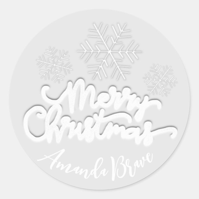 Sticker Rond Joyeux Noël Nom du script Snowflakes White Grey (Devant)
