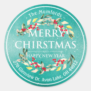 Sticker Rond Joyeux Noël Nouvel An Floral Red Berry Adresse
