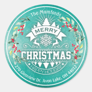 Sticker Rond Joyeux Noël Nouvel An Floral Red Berry Adresse