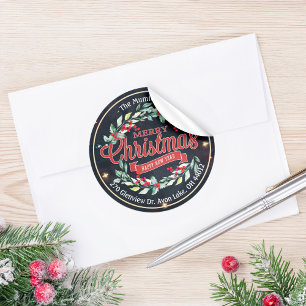 Sticker Rond Joyeux Noël Nouvel An Floral Red Berry Adresse