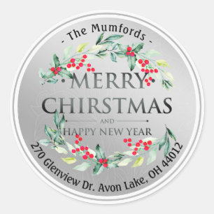Sticker Rond Joyeux Noël Nouvel An Floral Red Berry Adresse