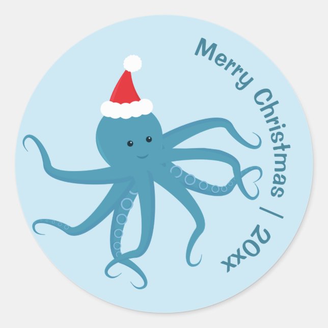 Sticker Rond Joyeux Noël octopus Père Noël bleu (Devant)