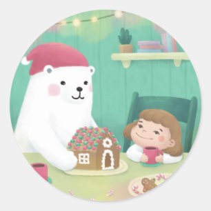 Sticker Rond Joyeux Noël : Ours Polaire & Enfant