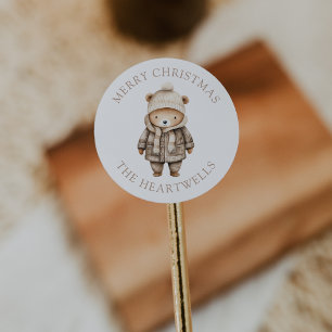 Sticker Rond Joyeux Noël Ourson Aquarelle Personnalisé