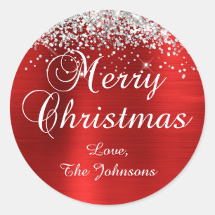 Sticker Rond Joyeux Noël paillettes argentées feuille rouge