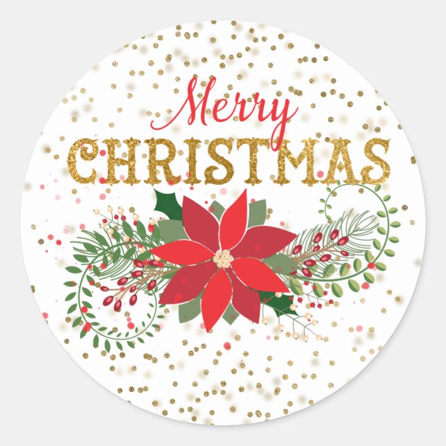 Sticker Rond Joyeux Noël Parties scintillant or Poinsettia (Devant)