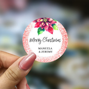 Sticker Rond Joyeux Noël Parties scintillant rouge Poinsettia